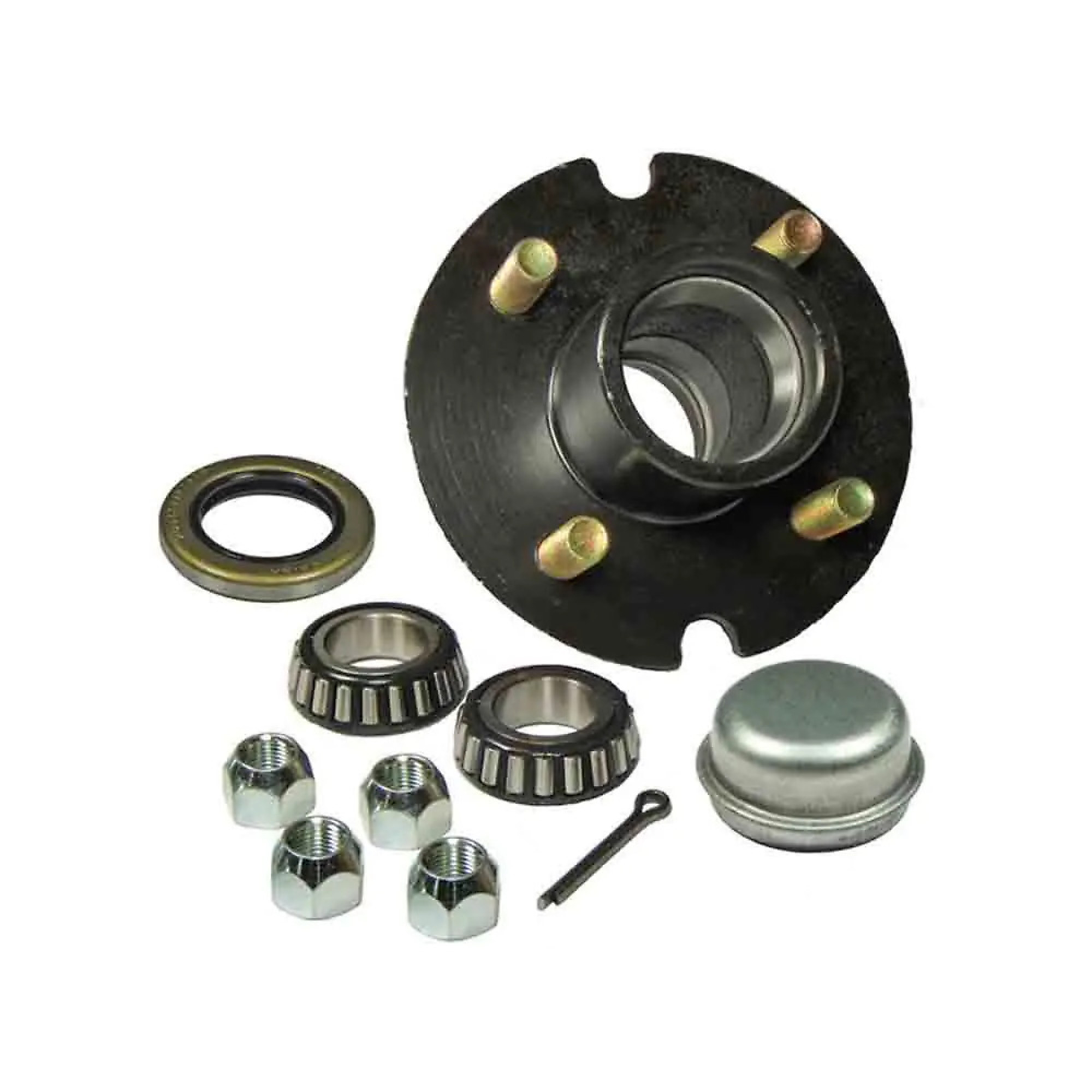 Rigid Hitch, 4-Bolt Idler Hub Kit for 1 inch Straight Spindles, 4-Bolt on 4in Circle, For 2000 lb Axle, 1250 lb Capacity per Hub, Complete Bearing and Seal Kit, Model#  BT-100-04-A